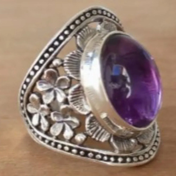 Vintage Alloy & Crystal Silver-toned Purple Amethyst Ring Floral Design Size 8 - Picture 3 of 7